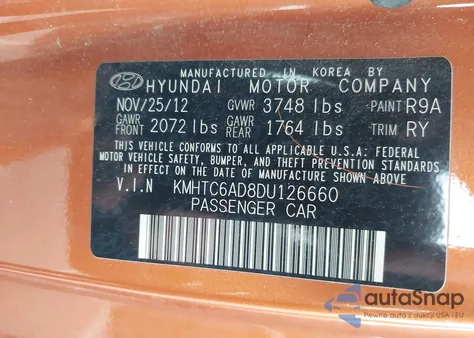 2013 Hyundai Veloster Base W/Black from USA, damaged, VIN KMHTC6AD8DU126660